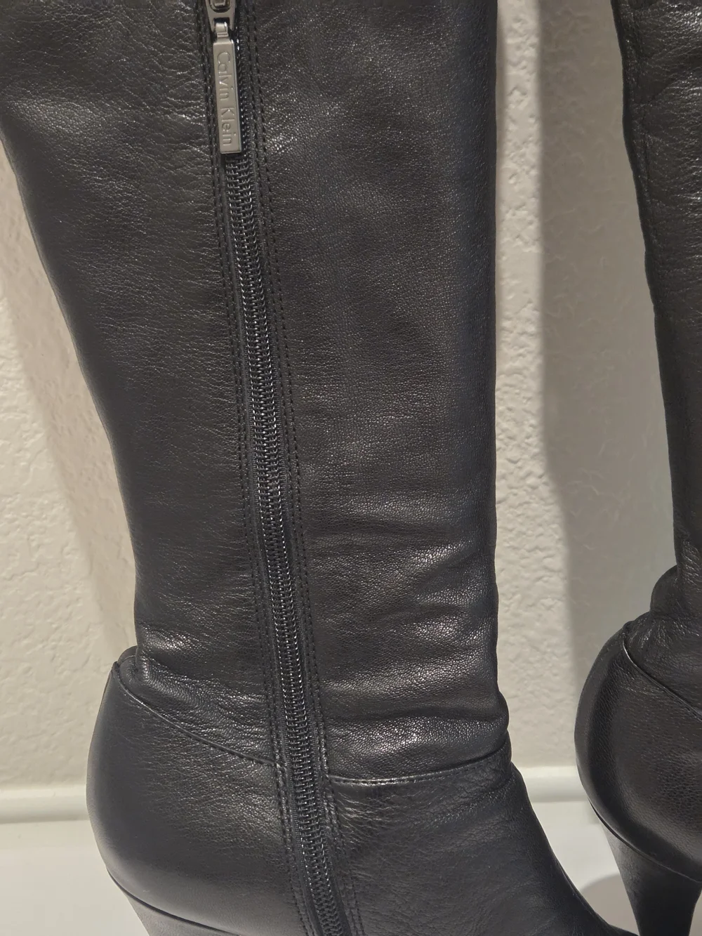 Calvin Klein Black Leather Knee-High Heeled Boots Size 7.5
